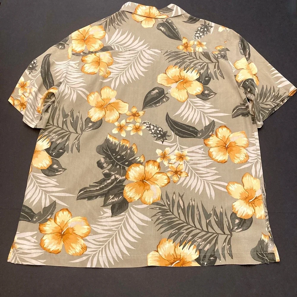 Brandini 100% Silk Hawaiian Shirt Men's Medium Green Yellow Hibiscus Palm Casual